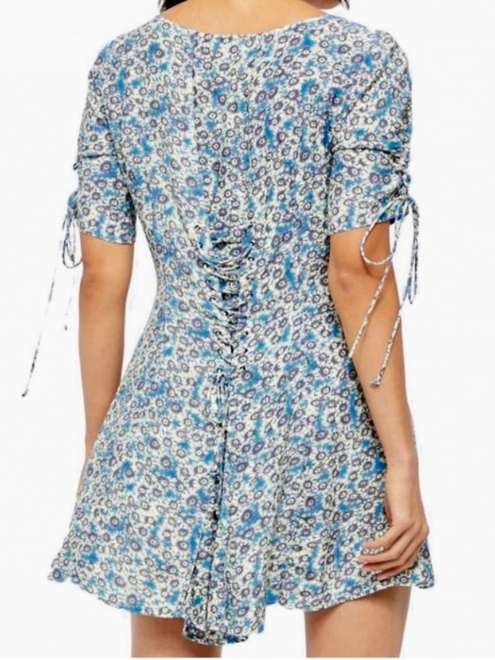 Like New Free People All Laced Up Mini Dress Blue/Ivory Floral Daisy Print - Picture 2 of 16